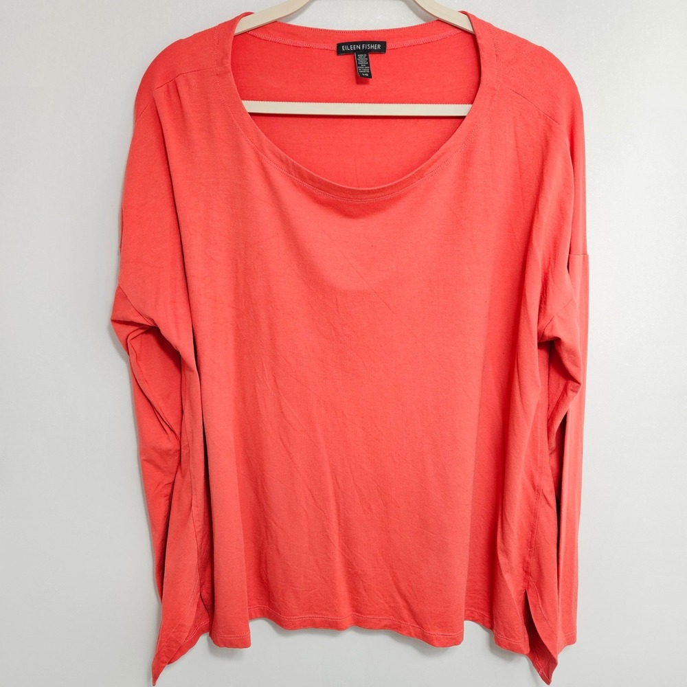 Eileen Fisher Womens Jersey Knit Top Minimalist Relaxed Capsule Coral Orange L - Picture 2 of 9